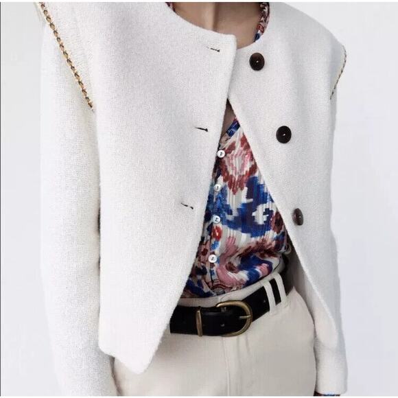 NWT Zara Pronounced Shoulder Textured XTRA LARGE Jacket Ecru Cream BLAZER XL - Picture 4 of 5